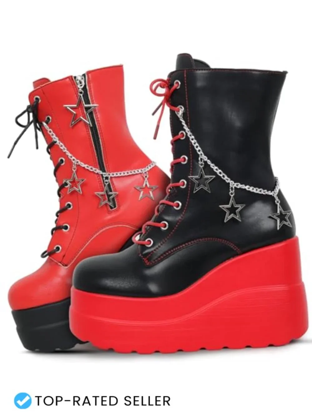 Gothic Chunky Heel Ankle Boots Lace Up Side Zip Platform Faux Leather